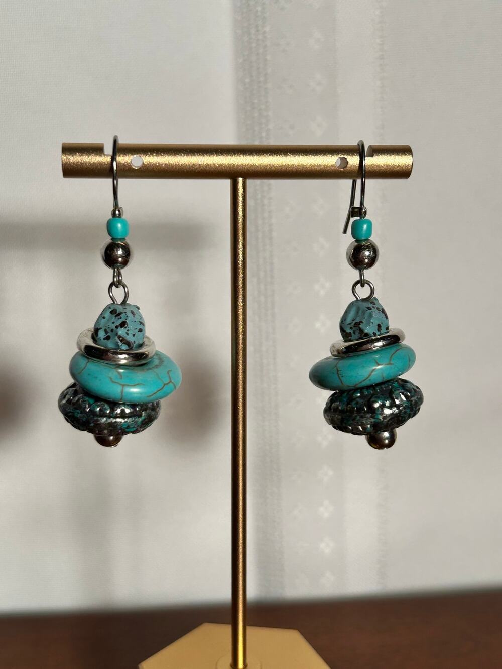 Handcrafted Faux Turquoise Dangle Earrings Antique Silver Tone Artisan Boho